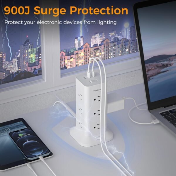 Power Strip Tower with Surge Protection, TESSAN Flat Plug Extension Cord 6 Feet with 12 Multiple Outlets 3 USB Ports (1 USB C), Surge Protector Tower for Home, Office Supplies, Dorm Room Essentials - Image 5