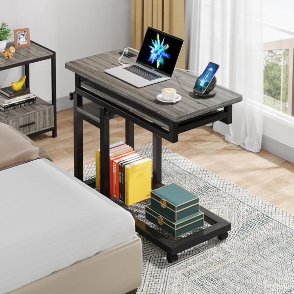 Tribesigns Small Portable Desk with Power Outlet, Height Adjustable Sofa Couch Bedside Laptop Table with Wheels, Mobile Standing Desk Rolling Computer Cart C Side Table with USB Ports - Image 4