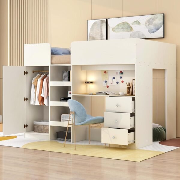 Full Size Loft Bed with Wardrobes and Desk,Wooden Frame with Storage Stairs and Cabinet Built-in 3 Drawers for Kids Adults Girls,Beige