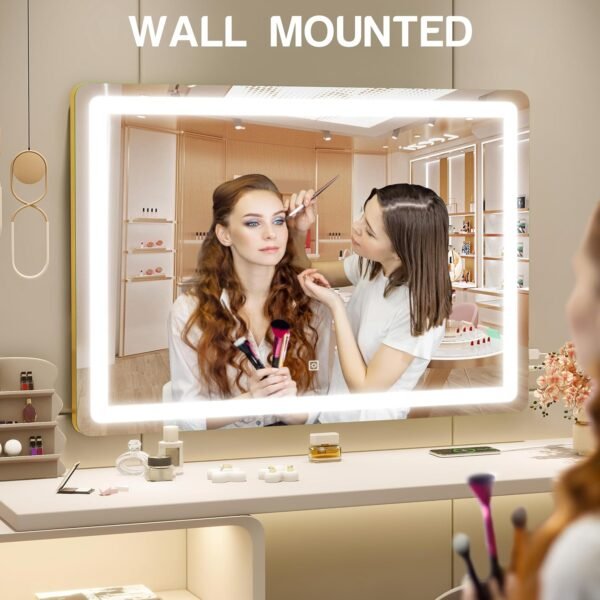 Gold Vanity Mirror with Lights, 32" x 22" Large Lighted Vanity Mirror with Dimmable 3 Modes, LED Makeup Mirror, 10X Magnification, USB Charging Port, Tabletop or Wall-Mounted - Image 5