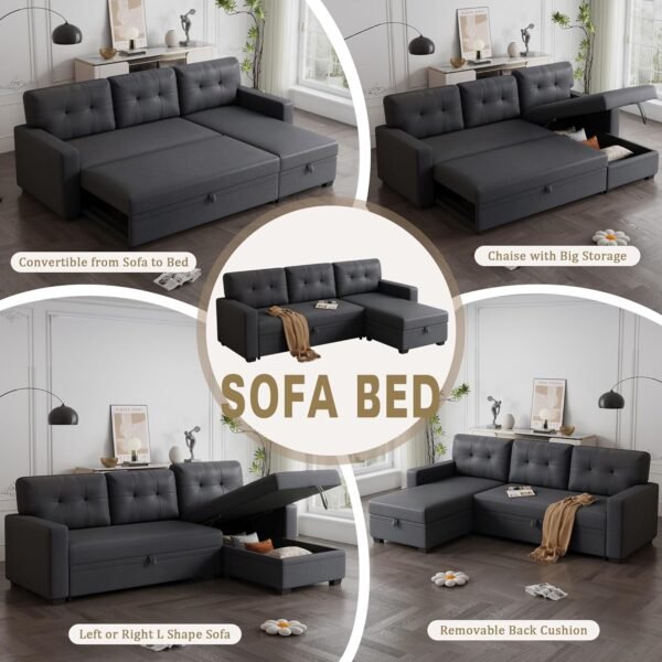 82" L-Shape Convertible Sleeper Sectional Sofa with Storage Chaise and Pull-Out Bed,Modular Corner Couch Lounge,w/Removable 3 Back Cushions & Armrest,for Home Furniture,Dark Gray - Image 5