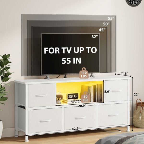 Lulive TV Stand Bedroom, White Dresser TV Stands LED, Small TV Stand with 5 Drawers Storage for 50 55″ TV, TV Stand Living Room w/Power Outlets, Open Shelve, Entertainment Center with Storage - Image 2