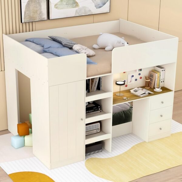 Full Size Loft Bed with Wardrobes and Desk,Wooden Frame with Storage Stairs and Cabinet Built-in 3 Drawers for Kids Adults Girls,Beige - Image 4