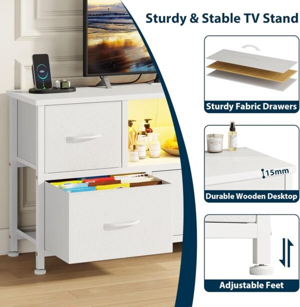 Lulive TV Stand Bedroom, White Dresser TV Stands LED, Small TV Stand with 5 Drawers Storage for 50 55″ TV, TV Stand Living Room w/Power Outlets, Open Shelve, Entertainment Center with Storage - Image 6
