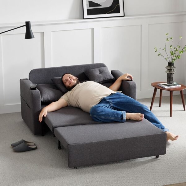 3 in 1 Pull Out Couch, 56 Inch Convertible Sleeper Sofa Bed, Loveseat Sofa with Cup Holders, Storage Pockets, USB, Sofa Couches for Living Room, Bedroom, Apartment, Deep Grey - Image 3