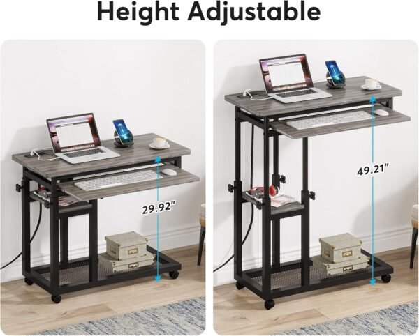 Tribesigns Small Portable Desk with Power Outlet, Height Adjustable Sofa Couch Bedside Laptop Table with Wheels, Mobile Standing Desk Rolling Computer Cart C Side Table with USB Ports - Image 6