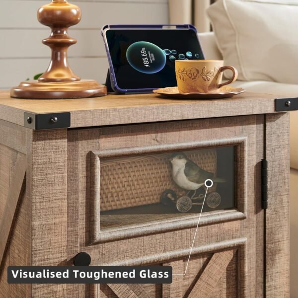 JXQTLINGMU Farmhouse End Table with Charging Station, 18'' Rustic Nightstand with Barn Door & Adjustable Shelf, Wooden Sofa Side Table with 3-Tier Storage for Living Room, Bedroom, Light Brown - Image 5