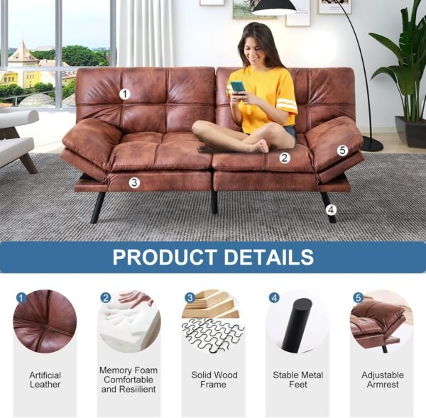 Maxspeed Sofa Bed Couch, Memory Foam Futon Sofa Bed with Mattress and Frame Included,Comfortable Brown Faxu Leather Loveseat Sleeper Sofa for Dorm Apartment Office College Small Space Bedroom - Image 6