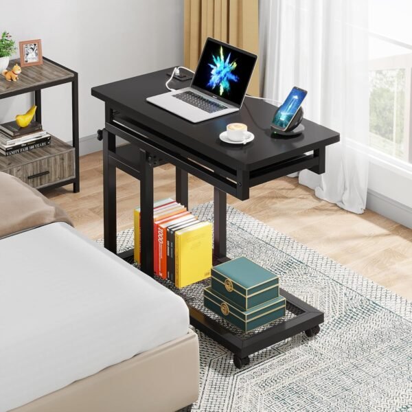 Tribesigns Small Portable Desk with Power Outlet, Height Adjustable Sofa Couch Bedside Laptop Table with Wheels, Mobile Standing Desk Rolling Computer Cart C Side Table with USB Ports - Image 4