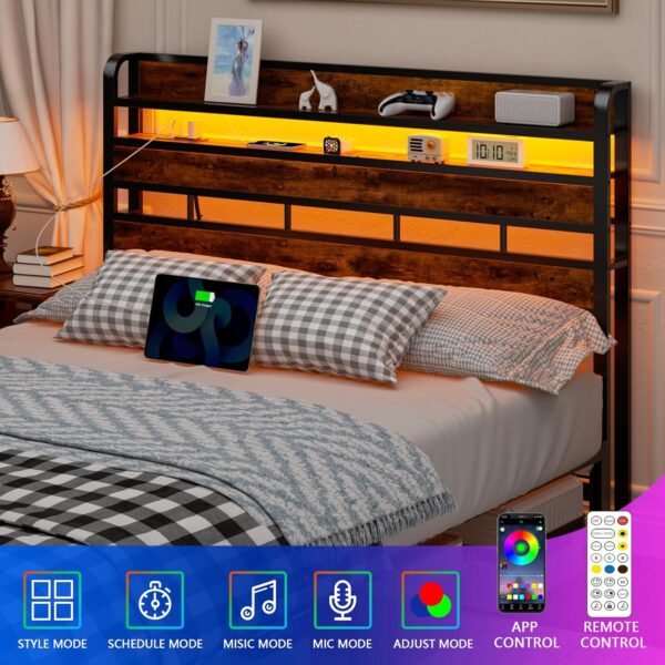Furnulem Queen Size Headboard Storage 2 Tier Headboard with USB Ports for Dorm LED Light College Headboard Shelf Height Adjustable Modern Style Headboard with Charging Station Rustic Brown - Image 5