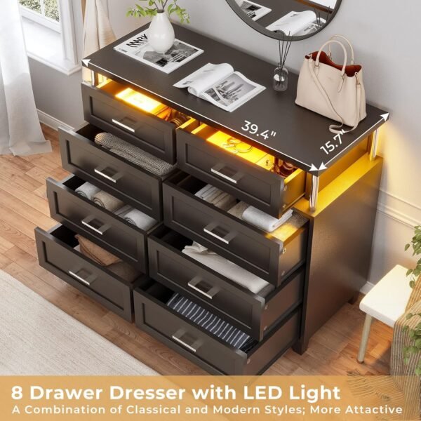 AOGLLATI Dresser for Bedroom with Column Design, Black Dresser with Cladding Process Design, 8 Drawer Short Modern Wide Bedroom LED Dresser for Bedroom - Image 4