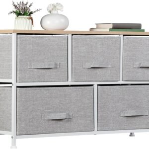 ZENY Extra Wide Dresser Storage Tower – Storage Tower Unit for Bedroom, Hallway, Closet, Office Organization – Steel Frame, Wood Top, Easy Pull Fabric Bins – 5 Drawers (Natural + Light Grey)