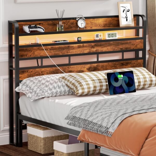 Furnulem Queen Size Headboard Storage 2 Tier Headboard with USB Ports for Dorm LED Light College Headboard Shelf Height Adjustable Modern Style Headboard with Charging Station Rustic Brown - Image 9