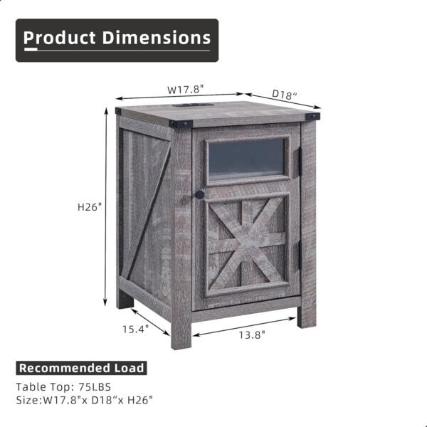 JXQTLINGMU Farmhouse End Table with Charging Station, 18'' Rustic Nightstand with Barn Door & Adjustable Shelf, Wooden Sofa Side Table with 3-Tier Storage for Living Room, Bedroom, Gray - Image 2
