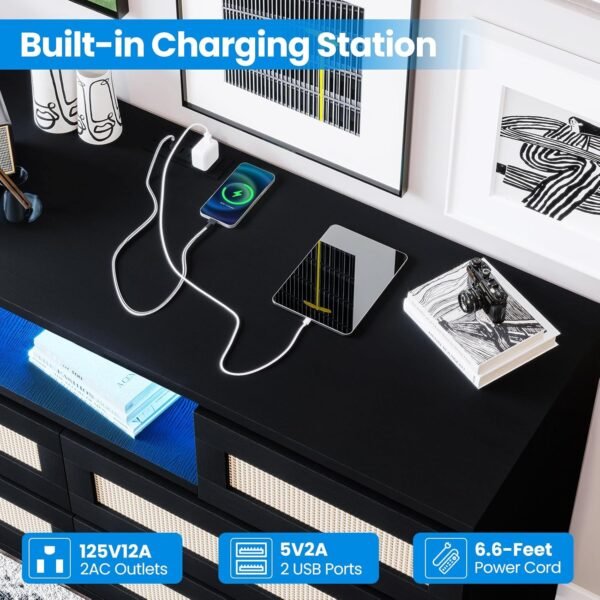 Rattan Dresser for Bedroom with Led Light and Charging Station, 6 Drawer Double Dressers, Modern Wooden Dresser Chest, Beside Table for Closet, Nursery, Living Room,Black - Image 4