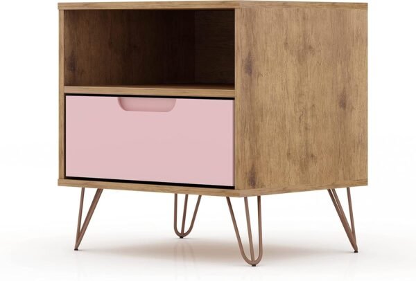 Manhattan Comfort Rockefeller Nightstands Set of 2 with Drawer and Cubby, Ideal for Bedroom and Living Room, Bedside Table with Mid Century Modern Design, Functional Storage Organizer, Pink - Image 10