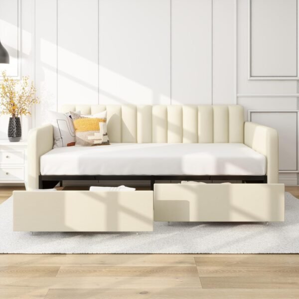 LifeSky Home Daybed Twin with Storage - Upholstered Day Bed Frame with Drawers - Modern Tufted for Living Room Guest Room Bedroom Apartment Beige - Image 5