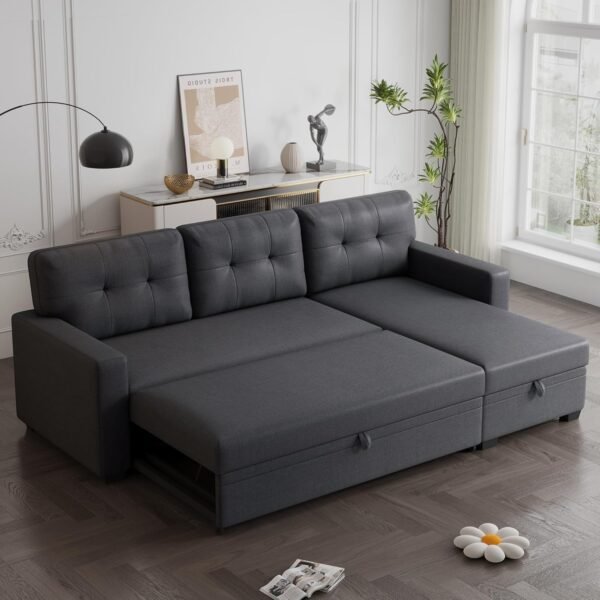 82" Sectional Small Sofa with Pull Out Bed,L-Shape Upholstered Sleeper Couch W/Storage Chaise,Tufted Backrest Design,3 Seat Linen Convertible Sofas for Living Room Apartment Office,Dark Gray - Image 6