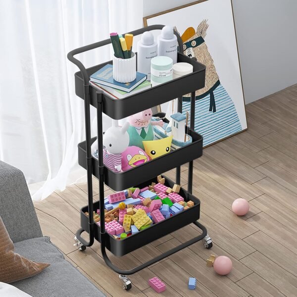 TUKAILAi 3-Tier Rolling Storage Cart with Lockable Wheels and Ergonomic Handle, Slide Out Utility Shelving Unit Organizer Serving Trolley Clearing for Kitchen Bathroom Laundry Bedroom (Black) - Image 3
