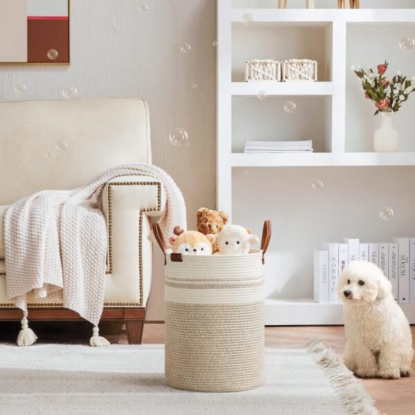 VIPOSCO Small Laundry Basket, Slim Baby Hamper with Leather Handle, Cute Woven Rope Storage Basket for Blanket, Kids Toy, Clothes In Living Room, Bathroom, Bedroom, Nursery Room - 30L Brown & White - Image 2