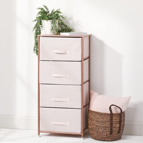 mDesign Tall Dresser Storage Tower Stand with 4 Removable Fabric Drawers - Steel Frame, Wood Top Organizer for Bedroom, Entryway, Closet - Lido Collection - Light Pink/Rose Gold - Image 7