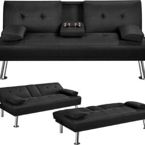 Yaheetech Linen Fabric Modern Sofa Bed Futon Couch Bed Folding Recliner Sleeper Reversible Loveseat Convertible Daybed, 2 Cup Holders, 3 Angles, 772lb Capacity, Removable Armrests, Black