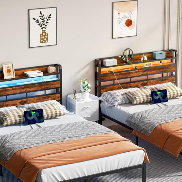 Furnulem Queen Size Headboard Storage 2 Tier Headboard with USB Ports for Dorm LED Light College Headboard Shelf Height Adjustable Modern Style Headboard with Charging Station Rustic Brown - Image 4