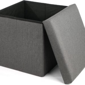 LotFancy Storage Ottoman Cube, Folding Square Ottoman Seat, Small Ottoman with Lid for Foot Stool and Foot Rest, Fabric Box Bin for Kids and Adults, 13x12x12”, Grey