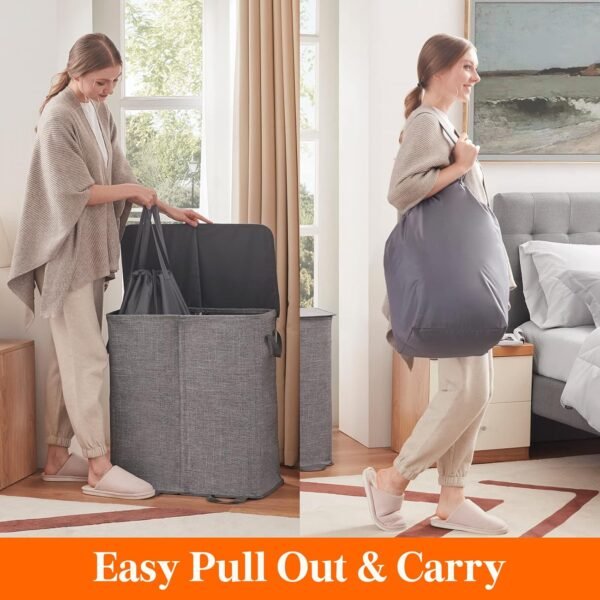 Lifewit Double Laundry Hamper with Lid and Removable Laundry Bags, Large Collapsible 2 Dividers Dirty Clothes Basket with Handles for Bedroom, Laundry Room, Closet, Bathroom, College, Grey - Image 4