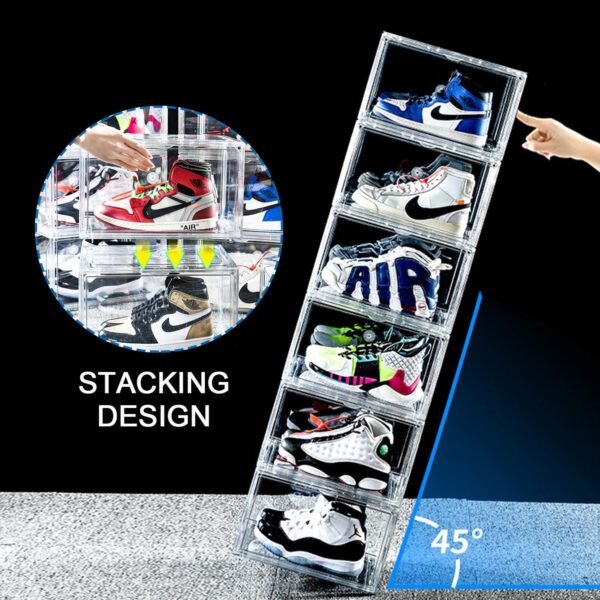 Shoe Boxes, Clear Acrylic Plastic Shoe Boxes Stackable, Space-Saving Foldable Drop Front Shoe Storage Boxes Container for With Lids Fits Up to Size 15 (Clear) - Image 3