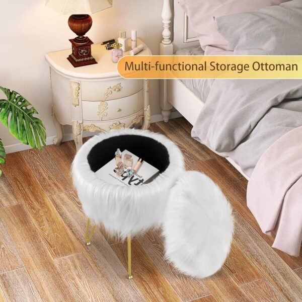 Vanity Stool Chair with Storage, Faux Fur Makeup Room Seat Stool, Soft Padded Seat, Round Footrest Footstools with 4 Metal Legs & Adjustable Footings, Vanity, Bathroom, Bedroom Chairs White - Image 5