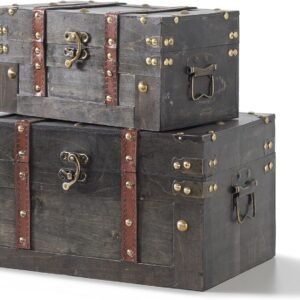 Soul & Lane Vintique Wooden Chest Duo – Elegant Wood Storage Trunks with Lids & Vintage Charm (Set of 2), Antique Versatile Organizational Decor for Home & Office