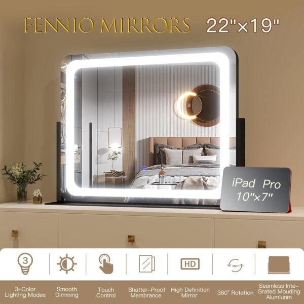 FENNIO Vanity Mirror with Lights 22"x19"LED Lighted Makeup Mirror,Large Makeup Mirror with Lights,Touch Screen with 3-Color Lighting,Led Mirror Makeup,Dimmable,for Vanity Desk Tabletop - Image 6