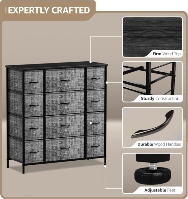 Sorbus Dresser with 12 Drawers - Chest Organizer Unit with Steel Frame Wood Top & Handle Easy Pull Fabric Bins for Clothes - Large Storage Furniture for Bedroom, Hallway, Living Room, Nursery & Closet - Image 4
