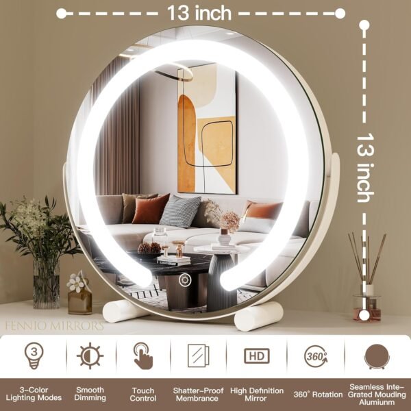 FENNIO Vanity Mirror with Lights, 13 inch COB LED Lighted Makeup Mirror, Round Makeup Mirror with Lights with 3-Color Lighting, 360° Rotation, Dimmable for Tabletop, Bedroom - Image 7