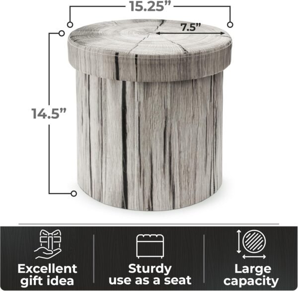 Sorbus Tree Stump Stool, Storage Ottoman 15 Inch Fake Tree Stumps Log Stool Storage, Artificial Tree Trunk, Perfect Footstool Kids Toy Chest, Rustic Log Cabin Decor Bench, Pedestal - Light Gray - Image 3