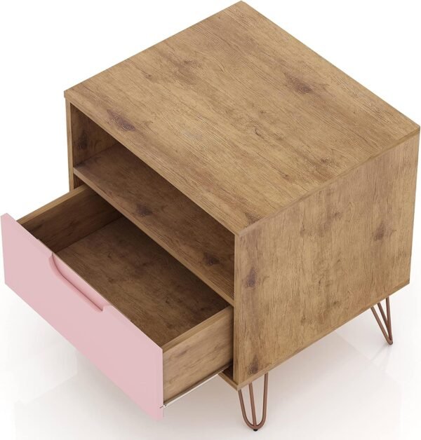 Manhattan Comfort Rockefeller Nightstands Set of 2 with Drawer and Cubby, Ideal for Bedroom and Living Room, Bedside Table with Mid Century Modern Design, Functional Storage Organizer, Pink - Image 6