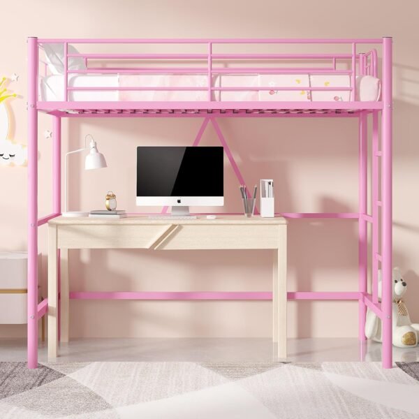 VECELO Metal Loft Bed Twin Size, Heavy Duty Bedframe with Removable Ladder and Safety Guardrail, Space-Saving, Noise Free, No Box Spring Needed, Pink - Image 6