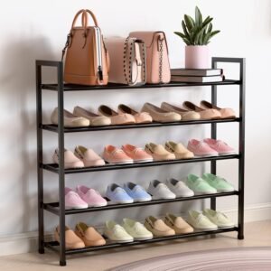 5-Tier Expandable Shoe Rack for Closet, 18“-33” Adjustable Shoe Rack for Small Space, Small Shoe Organizer for Front Door, Sturdy Metal (Black)