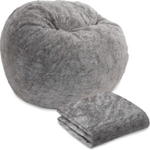 CordaRoy’s Faux Fur Bean Bag Cover (Bean Bag Sold Separately) – Cover for Convertible Bean Bag Chair & Bed – Machine-Washable Faux Fur Fabric – for Basement, Living Room – Queen Size – Grey