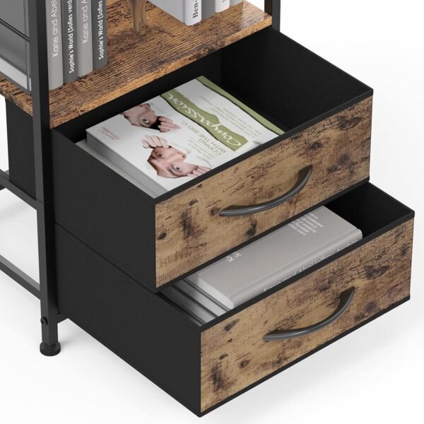 YBING Nightstand Bedroom End Table with 2 Drawers and Open Shelf Wood Industrial Bedside Table with Fabric Storage for Bedroom Living Room Sturdy Dorm Brown - Image 6