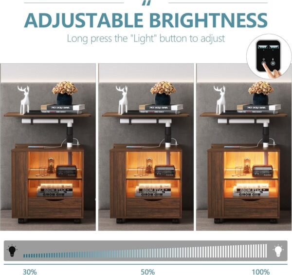 dnbss LED Nightstand with Charger Station, Swivel Top Bedside Table with Wheels, Smart Night Stand with Laptop Table Workstation for Bedroom, Modern End Side Table (Brown) - Image 3