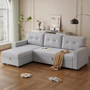 Linen Upholstered Pull Out Sectional Sofa with Storage Chaise,Couch W/ Removable Back Cushions,Can Be Converted Into a Twin Size Sleeper,for Living Room,Apartment,Office,Light Gray