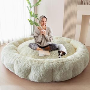 BYBYME Fluffy Soft Bean Bag Bed, Human Round Cloudy Dog Bed, Extra Wider Full Floor Mattress with Long Faux Fur Cover, Beige, 80×80 Inch