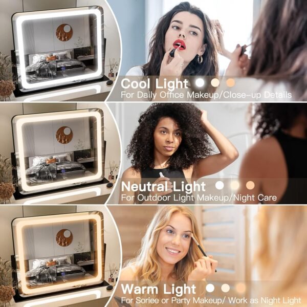 FENNIO Vanity Mirror with Lights 22"x19"LED Lighted Makeup Mirror,Large Makeup Mirror with Lights,Touch Screen with 3-Color Lighting,Led Mirror Makeup,Dimmable,for Vanity Desk Tabletop - Image 2