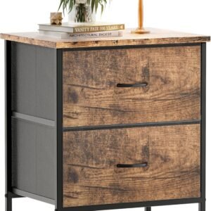 Nightstand with 2 Drawers, Night Stand Dresser for Bedroom, Small Dresser with Fabric Bins, Leather Finish, Modern Bedside Table End Side Table for Living Room, Dorm, Closet, Nursery, Brown