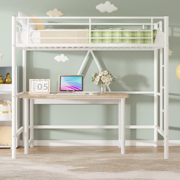 VECELO Metal Loft Bed Twin Size, Heavy Duty Bedframe with Removable Ladder and Safety Guardrail, Space-Saving, Noise Free, No Box Spring Needed, Off White - Image 6