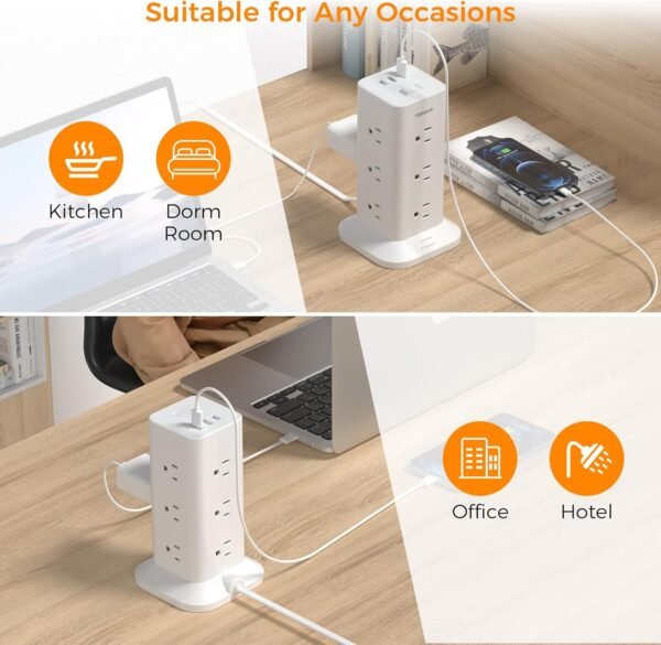 Power Strip Tower with Surge Protection, TESSAN Flat Plug Extension Cord 6 Feet with 12 Multiple Outlets 3 USB Ports (1 USB C), Surge Protector Tower for Home, Office Supplies, Dorm Room Essentials - Image 6