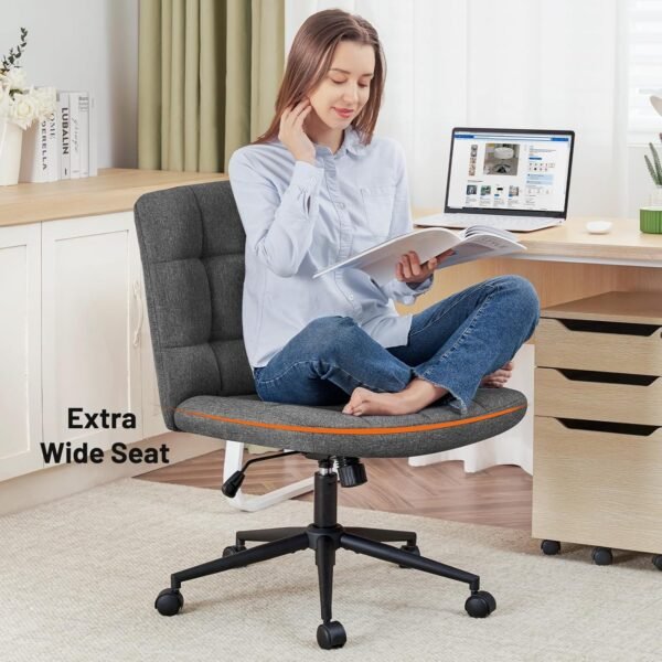 Furniliving Armless Office Desk Chair, Linen Fabric Padded Swivel Chair, Adjustable Home Office Chair with 360° Wheels, Wide Criss Cross Chair for Desk for Living Room, Bedroom, Darkgrey - Image 4