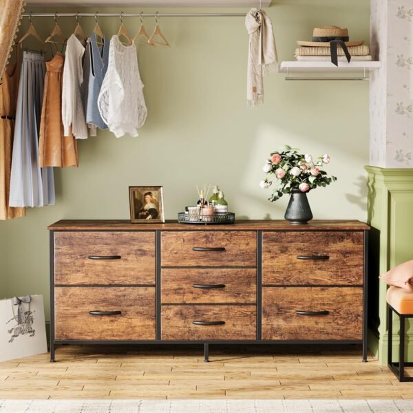 Dresser with 7 Drawers, 47 Inch Dresser TV Stand for 43, 50, 55 Inch TV, Wide Fabric Dresser Chest of Drawers, Metal Frame, Storage Dresser for Bedroom, Nursery, Clothing, Rustic Brown - Image 2